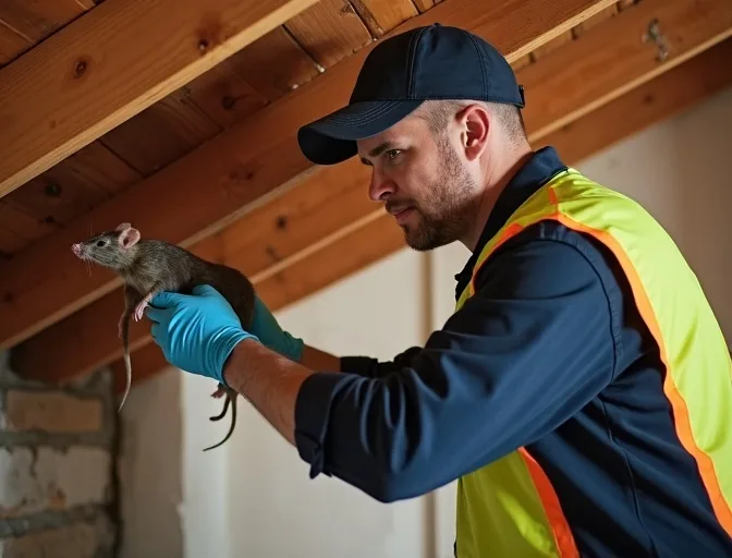 Technician inspecting a roof cavity for a dead rat in Ingliston